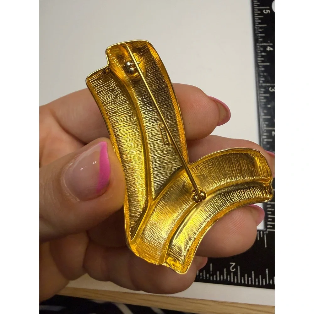 Monet Vintage Gold Tone Chevron Brooch Sculptural V Shape Statement Pin 1980s